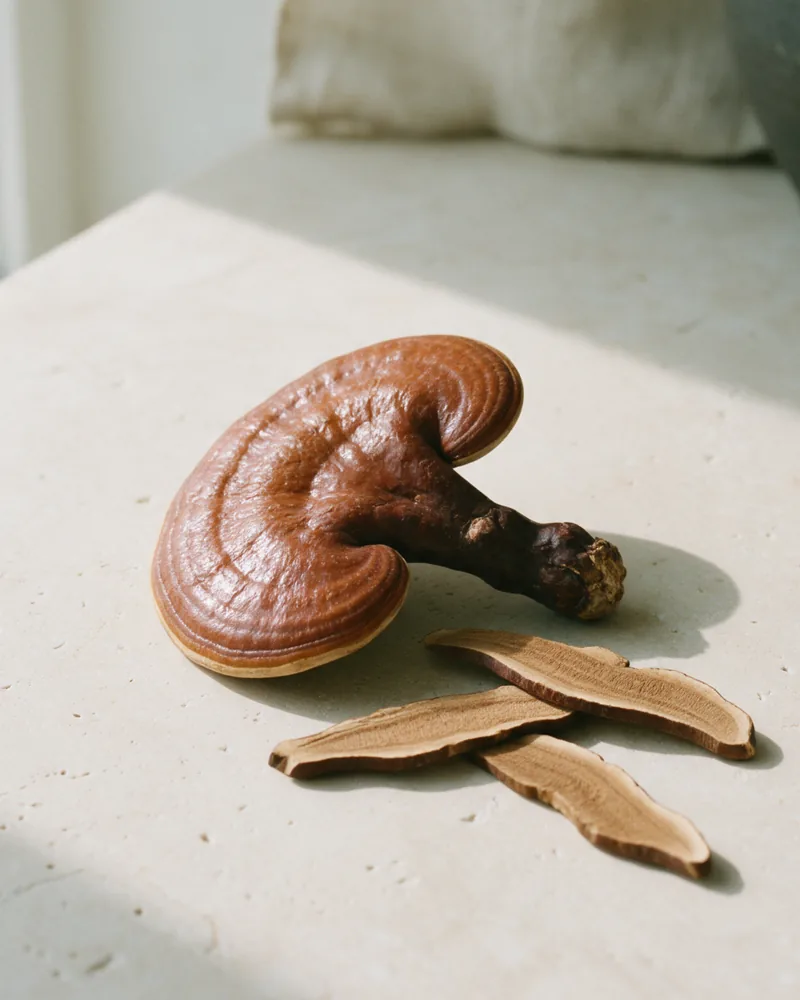 Getrockneter Reishi-Pilz mit lackrot glänzendem Hut und zwei Scheiben auf hellem Kalkstein