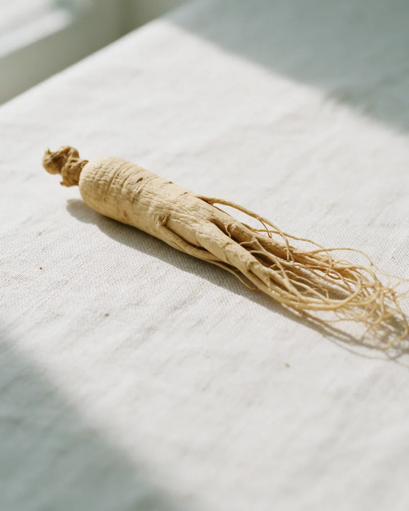 Getrocknete Ginseng-Wurzel mit feinen Haarwurzeln auf Leinen