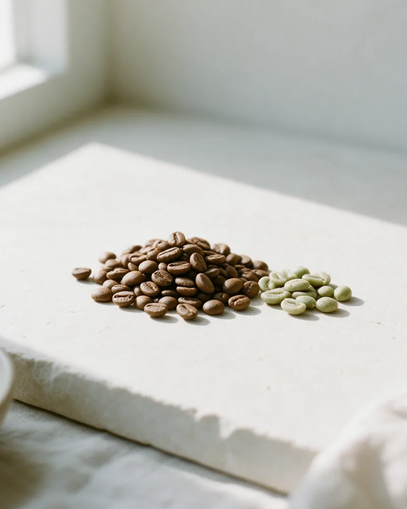 Hell geröstete und rohe grüne Kaffeebohnen auf Kalkstein