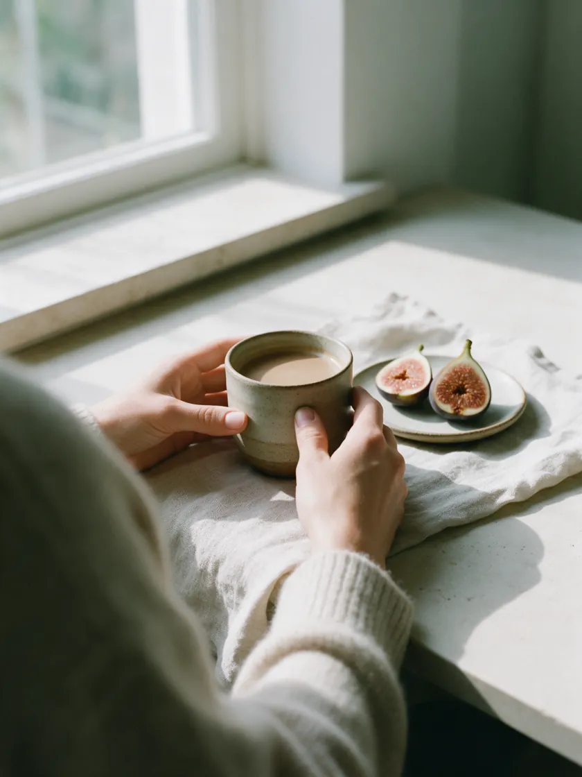 Hände um eine Tasse am Küchentisch, daneben zwei Feigen