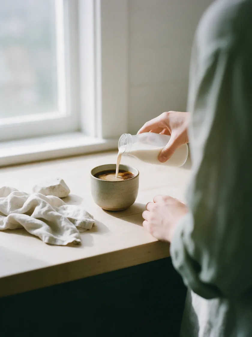 Haferdrink wird in eine Tasse Chi-Cafe gegossen